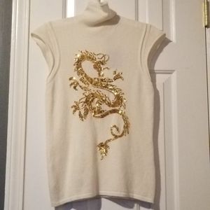 NWT Agnona cashmere turtleneck shortsleeve blouse sequin dragon soft luxury
